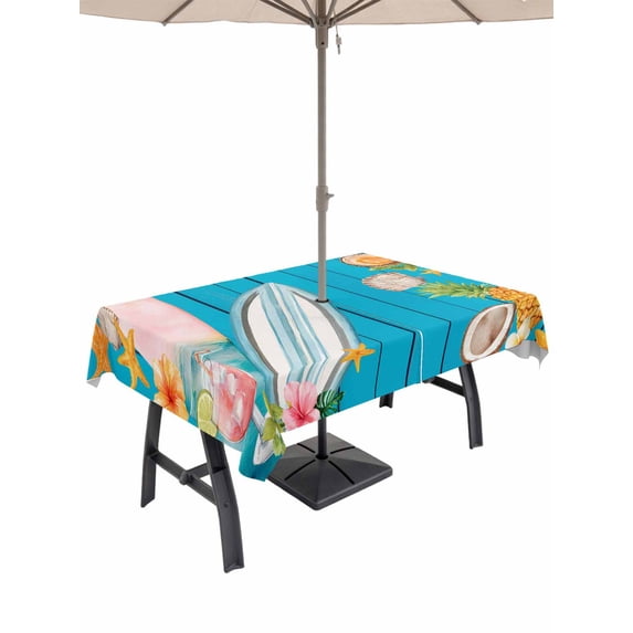 Outdoor Tablecloth with Umbrella Hole for Patio/Picnic/Party/Camping, Coastal Beach Waterproof Table Cloth Rectangle Table Cover Washable, Summer Tropical Plants Ocean Blue Wood Grain (60"x 84")