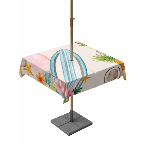 Outdoor Tablecloth with Umbrella Hole for Patio/Picnic/Party/Camping, Coastal Beach Waterproof Table Cloth Square Cover Washable, Summer Tropical Plants Ocean Sea Beige (60"x 60")