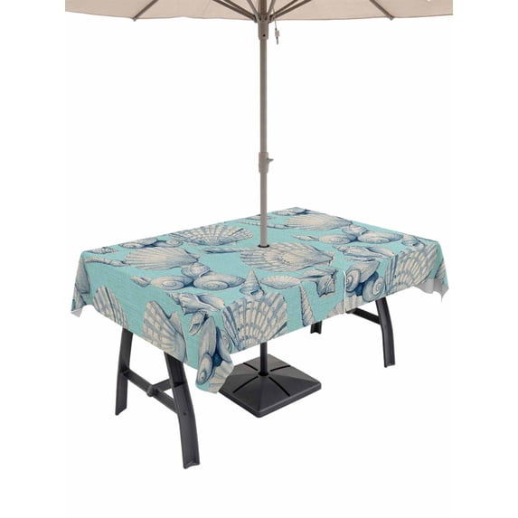 Outdoor Tablecloth with Umbrella Hole for Patio/Picnic/Party/Camping, Coastal Blue Conch Waterproof Table Cloth Rectangle Table Cover Washable, Retro Summer Beach Shells Marine (60"x 102")