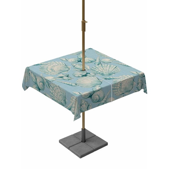 Outdoor Tablecloth with Umbrella Hole for Patio/Picnic/Party/Camping, Coastal Blue Conch Waterproof Table Cloth Square Cover Washable, Retro Summer Beach Shells Marine (60"x 60")