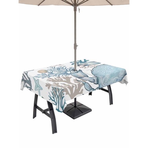 Outdoor Tablecloth with Umbrella Hole for Patio/Picnic/Party/Camping, Coastal Blue Crab Waterproof Table Cloth Rectangle Table Cover Washable, Summer Ocean Coral Beach Starfish (60"x 120")