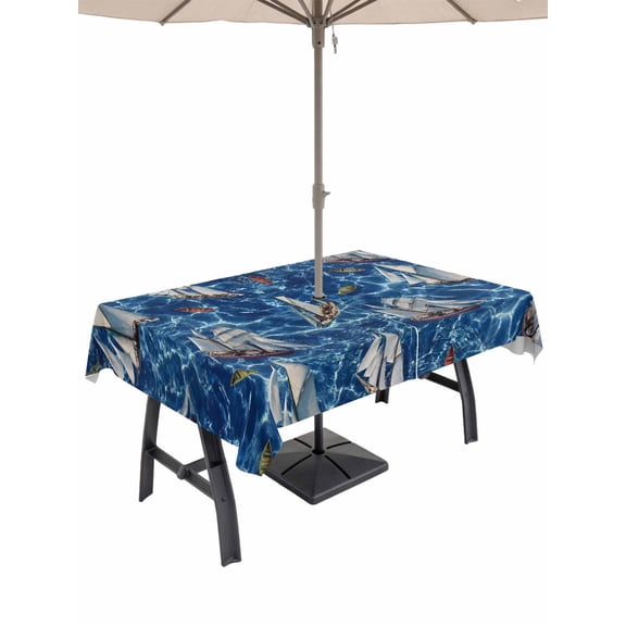 Outdoor Tablecloth with Umbrella Hole for Patio/Picnic/Party/Camping, Coastal Boat Ocean Waterproof Table Cloth Rectangle Table Cover Washable, Coastal Sea Waves Summer (60"x 120")