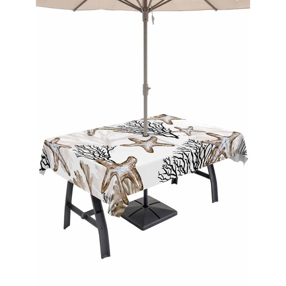 Outdoor Tablecloth with Umbrella Hole for Patio/Picnic/Party/Camping, Coastal Brown Coral Waterproof Table Cloth Rectangle Table Cover Washable, Summer Ocean Starfish Nautical Vintage (54"x 80")