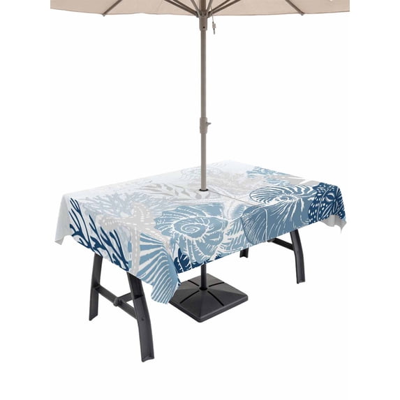Outdoor Tablecloth with Umbrella Hole for Patio/Picnic/Party/Camping, Coastal Coral Waterproof Table Cloth Rectangle Table Cover Washable, Ocean Starfish Beach Conch Mist Lake Blue Marine (52"x 70")