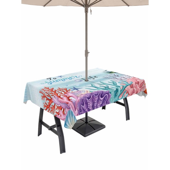 Outdoor Tablecloth with Umbrella Hole for Patio/Picnic/Party/Camping, Coastal Coral Waterproof Table Cloth Rectangle Table Cover Washable, Summer Underwater Seaweed Starfish Ombre Blue (54"x 80")