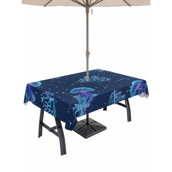 Outdoor Tablecloth with Umbrella Hole for Patio/Picnic/Party/Camping, Coastal Corals Waterproof Table Cloth Rectangle Table Cover Washable, Nautical Jellyfish Navy Purple Polka Dots (60"x 120")