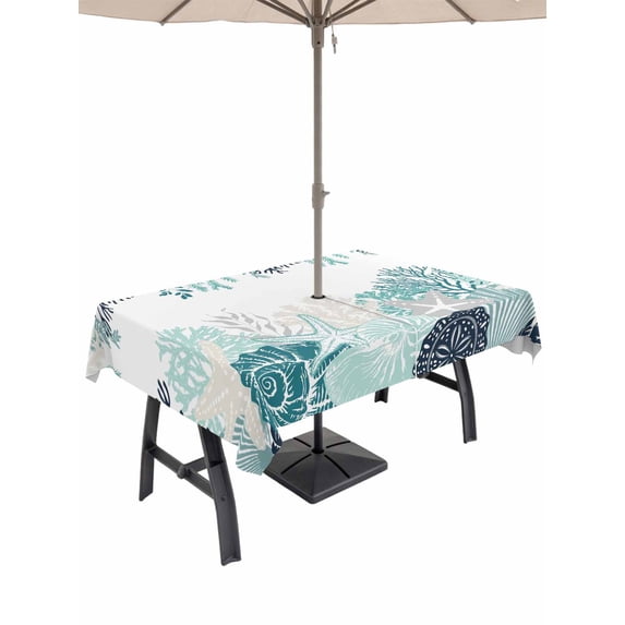 Outdoor Tablecloth with Umbrella Hole for Patio/Picnic/Party/Camping, Coastal Corals Waterproof Table Cloth Rectangle Table Cover Washable, Ocean Starfish Beach Conch Turquoise Gray (52"x 70")