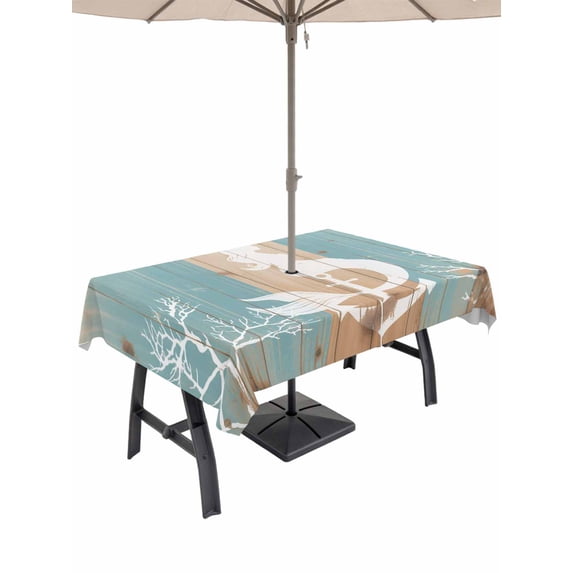 Outdoor Tablecloth with Umbrella Hole for Patio/Picnic/Party/Camping, Coastal Mermaid Anchor Waterproof Table Cloth Rectangle Table Cover Washable, Summer Coral Ocean Vintage Wood (54"x 80")