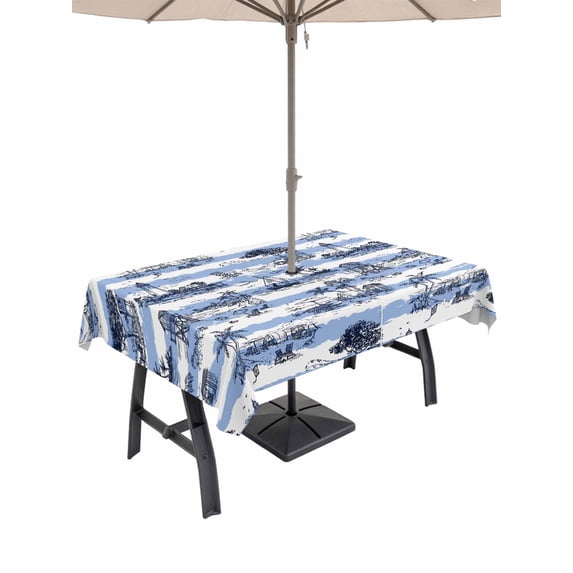 Outdoor Tablecloth with Umbrella Hole for Patio/Picnic/Party/Camping, Coastal Nautical Waterproof Table Cloth Rectangle Table Cover Washable, Summer Ocean Sea Corals Blue Striped (52"x 70")