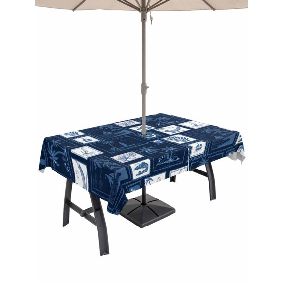 Outdoor Tablecloth with Umbrella Hole for Patio/Picnic/Party/Camping, Coastal Nautical Waterproof Table Cloth Rectangle Table Cover Washable, Summer Ocean Sea Navy Blue Plaid Checkered (52"x 70")