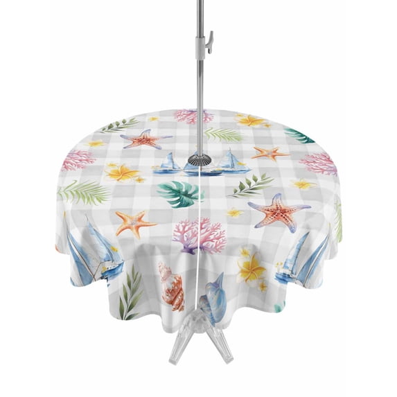 Outdoor Tablecloth with Umbrella Hole for Patio/Picnic/Party/Camping, Coastal Nautical Waterproof Table Cloth Round Cover Washable, Summer Marine Life Leaves Boat Grey Plaid (Dia 60")