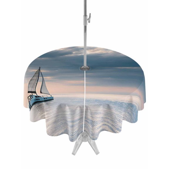 Outdoor Tablecloth with Umbrella Hole for Patio/Picnic/Party/Camping, Coastal Nautical Waterproof Table Cloth Round Cover Washable, Summer Sailing Boat OCean Waves (Dia 54")