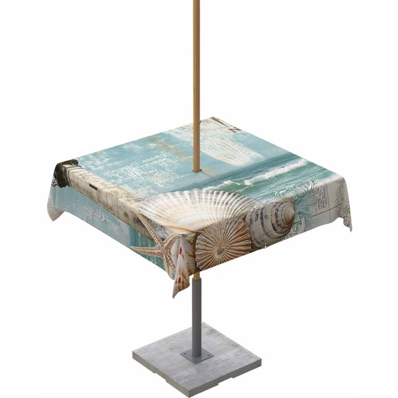 Outdoor Tablecloth with Umbrella Hole for Patio/Picnic/Party/Camping, Coastal Nautical Waterproof Table Cloth Square Cover Washable, Summer Beach Wave Starfish Shell 60"x 60"