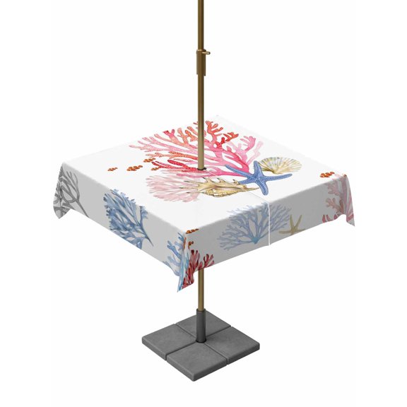 Outdoor Tablecloth with Umbrella Hole for Patio/Picnic/Party/Camping, Coastal Nautical Waterproof Table Cloth Square Cover Washable, Watercolor Ocean Coral Conch Starfish Summer (54"x 54")