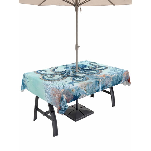 Outdoor Tablecloth with Umbrella Hole for Patio/Picnic/Party/Camping, Coastal Octopus Blue Waterproof Table Cloth Rectangle Table Cover Washable, Summer Beach Nautical Coral Starfish (60"x 102")