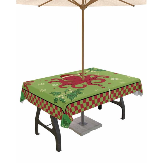 Outdoor Tablecloth with Umbrella Hole for Patio/Picnic/Party/Camping, Coastal Octopus Christmas Waterproof Table Cloth Rectangle Table Cover Washable, Blue Red Green Plaid Botanical (52"x 70")