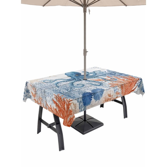 Outdoor Tablecloth with Umbrella Hole for Patio/Picnic/Party/Camping, Coastal Octopus Waterproof Table Cloth Rectangle Table Cover Washable, Blue Nautical Ocean Creature Wood Grain (54"x 80")