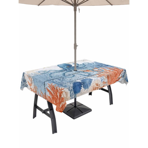 Outdoor Tablecloth with Umbrella Hole for Patio/Picnic/Party/Camping, Coastal Octopus Waterproof Table Cloth Rectangle Table Cover Washable, Nautical Coral Starfish Blue Wood Plank (54"x 80")