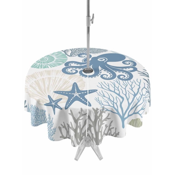 Outdoor Tablecloth with Umbrella Hole for Patio/Picnic/Party/Camping, Coastal Octopus Waterproof Table Cloth Round Cover Washable, Ocean Nautical Seashells Coral Conch (Dia 60")