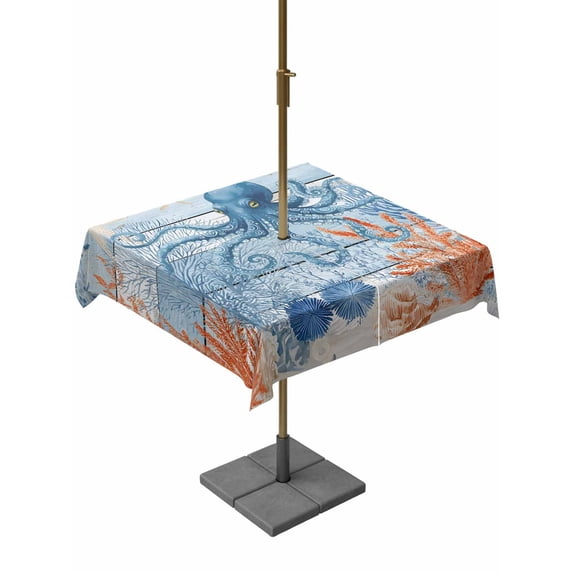 Outdoor Tablecloth with Umbrella Hole for Patio/Picnic/Party/Camping, Coastal Octopus Waterproof Table Cloth Square Cover Washable, Nautical Coral Starfish Blue Wood Plank (54"x 54")