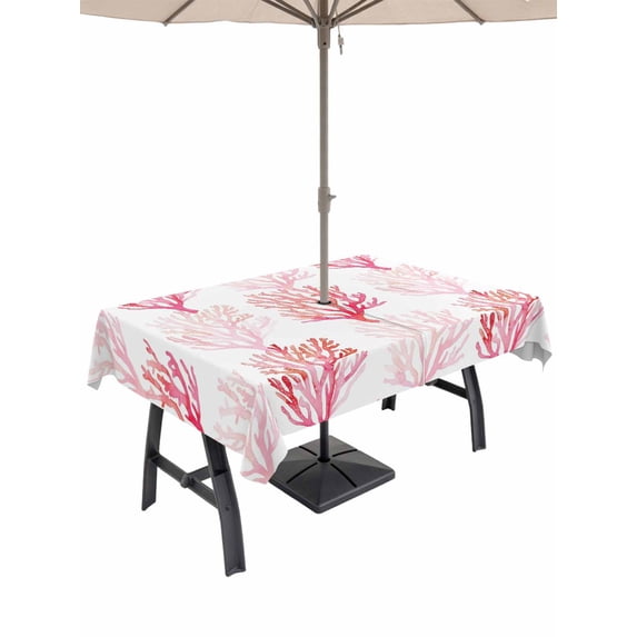 Outdoor Tablecloth with Umbrella Hole for Patio/Picnic/Party/Camping, Coastal Pink Coral Waterproof Table Cloth Rectangle Table Cover Washable, Nautical Ocean Seaside Beach (60"x 120")
