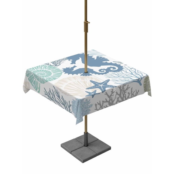 Outdoor Tablecloth with Umbrella Hole for Patio/Picnic/Party/Camping, Coastal Seahorse Waterproof Table Cloth Square Cover Washable, Nautical Beach Ocean Shells Starfish (54"x 54")