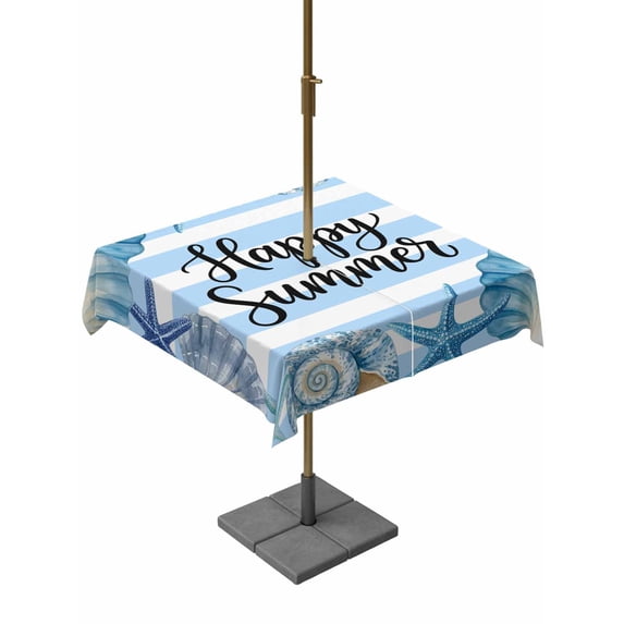 Outdoor Tablecloth with Umbrella Hole for Patio/Picnic/Party/Camping, Coastal Seashell Waterproof Table Cloth Square Cover Washable, Summer Ocean Starfish Conch Blue Stripes (60"x 60")