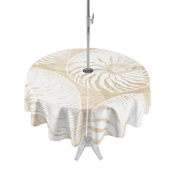 Outdoor Tablecloth with Umbrella Hole for Patio/Picnic/Party/Camping, Coastal Shell Beige Waterproof Table Cloth Round Cover Washable, Summer Ocean Shell Beach (Dia 60")
