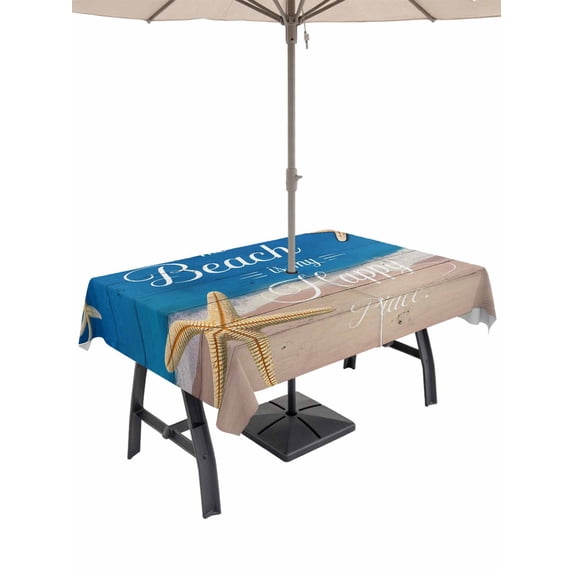 Outdoor Tablecloth with Umbrella Hole for Patio/Picnic/Party/Camping, Coastal Starfish Waterproof Table Cloth Rectangle Table Cover Washable, Beach Ocean Nautical Wooden Grain (52"x 70")