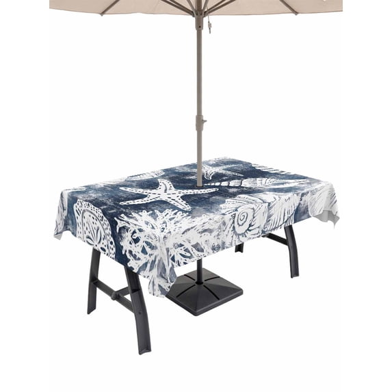 Outdoor Tablecloth with Umbrella Hole for Patio/Picnic/Party/Camping, Coastal Starfish Waterproof Table Cloth Rectangle Table Cover Washable, Ocean Conch Nautical Navy Oil Paint Coral (60"x 84")