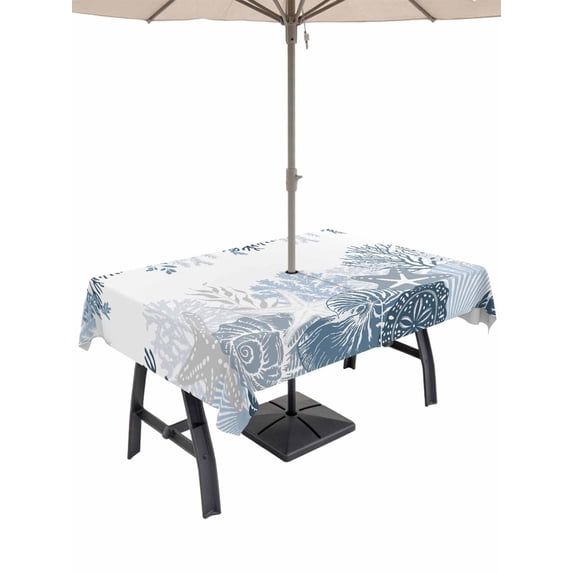 Outdoor Tablecloth with Umbrella Hole for Patio/Picnic/Party/Camping, Coastal Starfish Waterproof Table Cloth Rectangle Table Cover Washable, Ocean Weeping Coral Beach Conch Haze Blue (54"x 80")