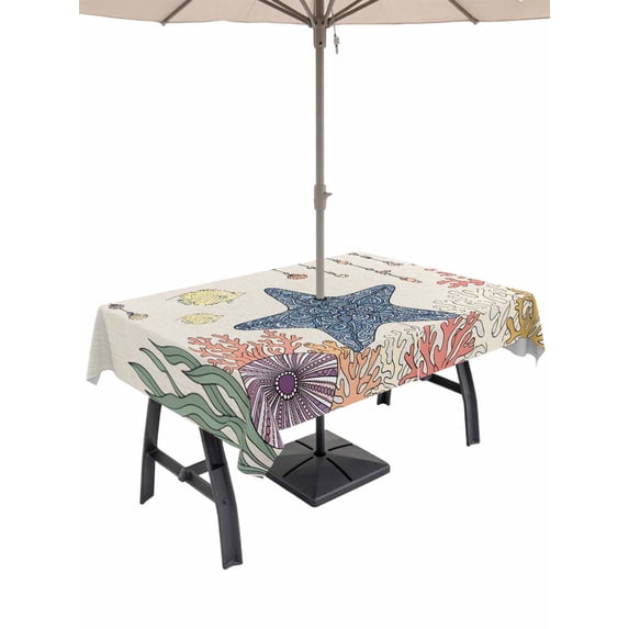 Outdoor Tablecloth with Umbrella Hole for Patio/Picnic/Party/Camping, Coastal Starfish Waterproof Table Cloth Rectangle Table Cover Washable, Vintage Ocean Fish Seaweed Marine Coral (60"x 84")