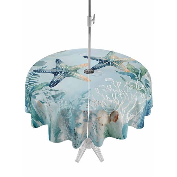 Outdoor Tablecloth with Umbrella Hole for Patio/Picnic/Party/Camping, Coastal Starfish Waterproof Table Cloth Round Cover Washable, Nautical Ocean Creature Eucalyptus Leaf (Dia 54")