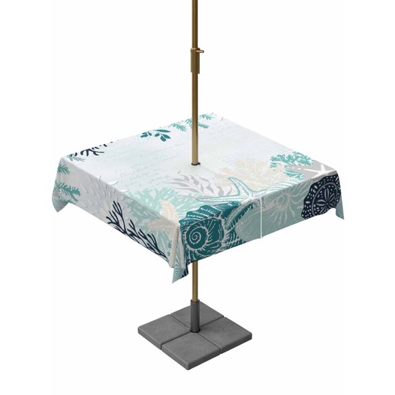 Outdoor Tablecloth with Umbrella Hole for Patio/Picnic/Party/Camping, Coastal Starfish Waterproof Table Cloth Square Cover Washable, Ocean Weeping Coral Beach Conch Turquoise (60"x 60")