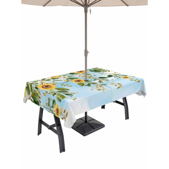 Outdoor Tablecloth with Umbrella Hole for Patio/Picnic/Party/Camping, Coastal Sunflower Vine Waterproof Table Cloth Rectangle Table Cover Washable, Summer Flower Blue Sky Garden (60"x 120")