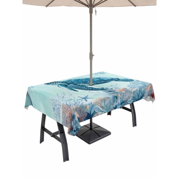 Outdoor Tablecloth with Umbrella Hole for Patio/Picnic/Party/Camping, Coastal Turtle Blue Waterproof Table Cloth Rectangle Table Cover Washable, Summer Beach Nautical Coral Starfish (52"x 70")