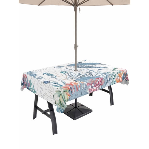 Outdoor Tablecloth with Umbrella Hole for Patio/Picnic/Party/Camping, Coastal Turtle Waterproof Table Cloth Rectangle Table Cover Washable, Summer Beach Nautical Ocean Coral Seahorse (54"x 80")