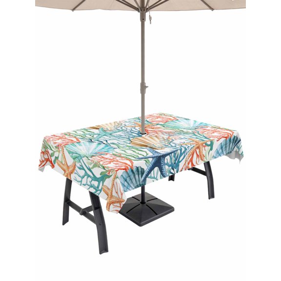 Outdoor Tablecloth with Umbrella Hole for Patio/Picnic/Party/Camping, Coastal Waterproof Table Cloth Rectangle Table Cover Washable, Nautical Summer Beach Coral Starfish Shell (60"x 84")