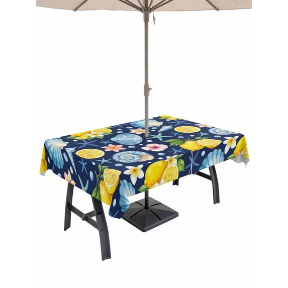 Outdoor Tablecloth with Umbrella Hole for Patio/Picnic/Party/Camping, Coastal Waterproof Table Cloth Rectangle Table Cover Washable, Summer Lemon Flower Shell Starfish Blue (60"x 102")