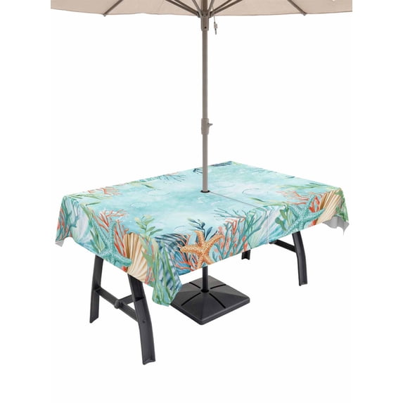 Outdoor Tablecloth with Umbrella Hole for Patio/Picnic/Party/Camping, Coastal Waterproof Table Cloth Rectangle Table Cover Washable, Summer Nautical Beach Coral Starfish Blue Ombre (60"x 120")