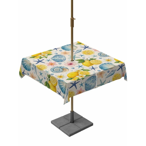 Outdoor Tablecloth with Umbrella Hole for Patio/Picnic/Party/Camping, Coastal Waterproof Table Cloth Square Cover Washable, Summer Lemon Flower Shell Starfish Rustic (60"x 60")