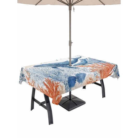Outdoor Tablecloth with Umbrella Hole for Patio/Picnic/Party/Camping, Coastal Whale Waterproof Table Cloth Rectangle Table Cover Washable, Summer Nautical Ocean Coral Starfish (52"x 70")