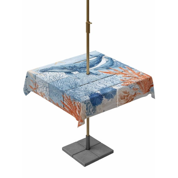 Outdoor Tablecloth with Umbrella Hole for Patio/Picnic/Party/Camping, Coastal Whale Waterproof Table Cloth Square Cover Washable, Nautical Ocean Coral Blue Wooden Grain (54"x 54")