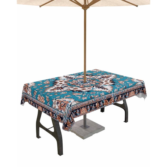 Outdoor Tablecloth with Umbrella Hole for Patio/Picnic/Party/Camping, Colorful Boho Waterproof Table Cloth Rectangle Table Cover Washable, Southwest Traditional Flowers Aesthetic 52"x 70"