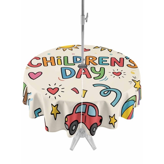 Outdoor Tablecloth with Umbrella Hole for Patio/Picnic/Party/Camping, Colorful Children's Day Waterproof Table Cloth Round Cover Washable, Car Tree Stars Modern Abstract Art (Dia 54")