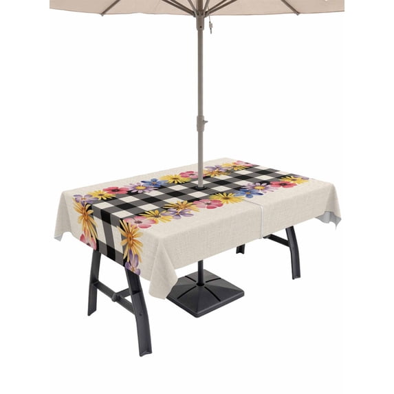 Outdoor Tablecloth with Umbrella Hole for Patio/Picnic/Party/Camping, Colorful Flowers Waterproof Table Cloth Rectangle Table Cover Washable, Spring Floral Elegant Pastoral Rustic (60"x 102")