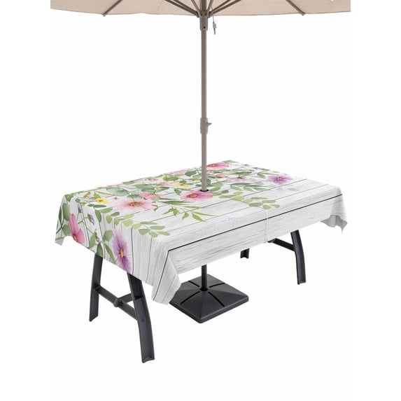 Outdoor Tablecloth with Umbrella Hole for Patio/Picnic/Party/Camping, Colorful Flowers Waterproof Table Cloth Rectangle Table Cover Washable, Spring Leaves Floral Botanical Wood Grain (60"x 102")
