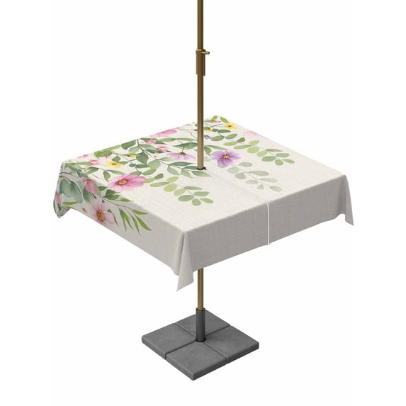 Outdoor Tablecloth with Umbrella Hole for Patio/Picnic/Party/Camping, Colorful Flowers Waterproof Table Cloth Square Cover Washable, Spring Floral Leaves Botanical Country Beige (54"x 54")