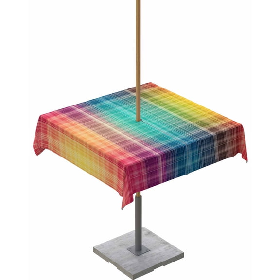 Outdoor Tablecloth with Umbrella Hole for Patio/Picnic/Party/Camping, Colorful Plaid Waterproof Table Cloth Square Cover Washable, Modern Chic Rainbow Gradient Striped 60"x 60"