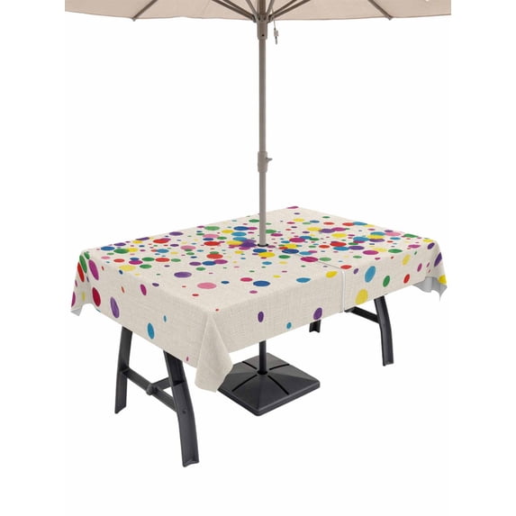 Outdoor Tablecloth with Umbrella Hole for Patio/Picnic/Party/Camping, Colorful Polka Dot Waterproof Table Cloth Rectangle Table Cover Washable, Cartoon Cute Abstract Graffiti Beige (52"x 70")